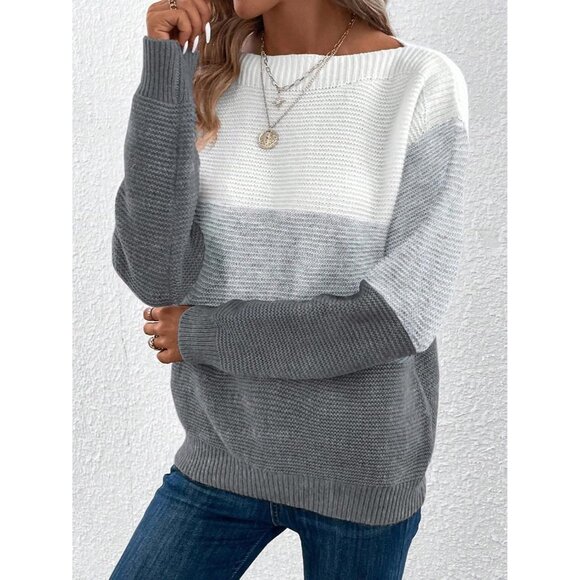 Women's Grey Long Sleeve Crew Neck Color Block Fall Fashion Pullover Sweaters - Picture 4 of 5